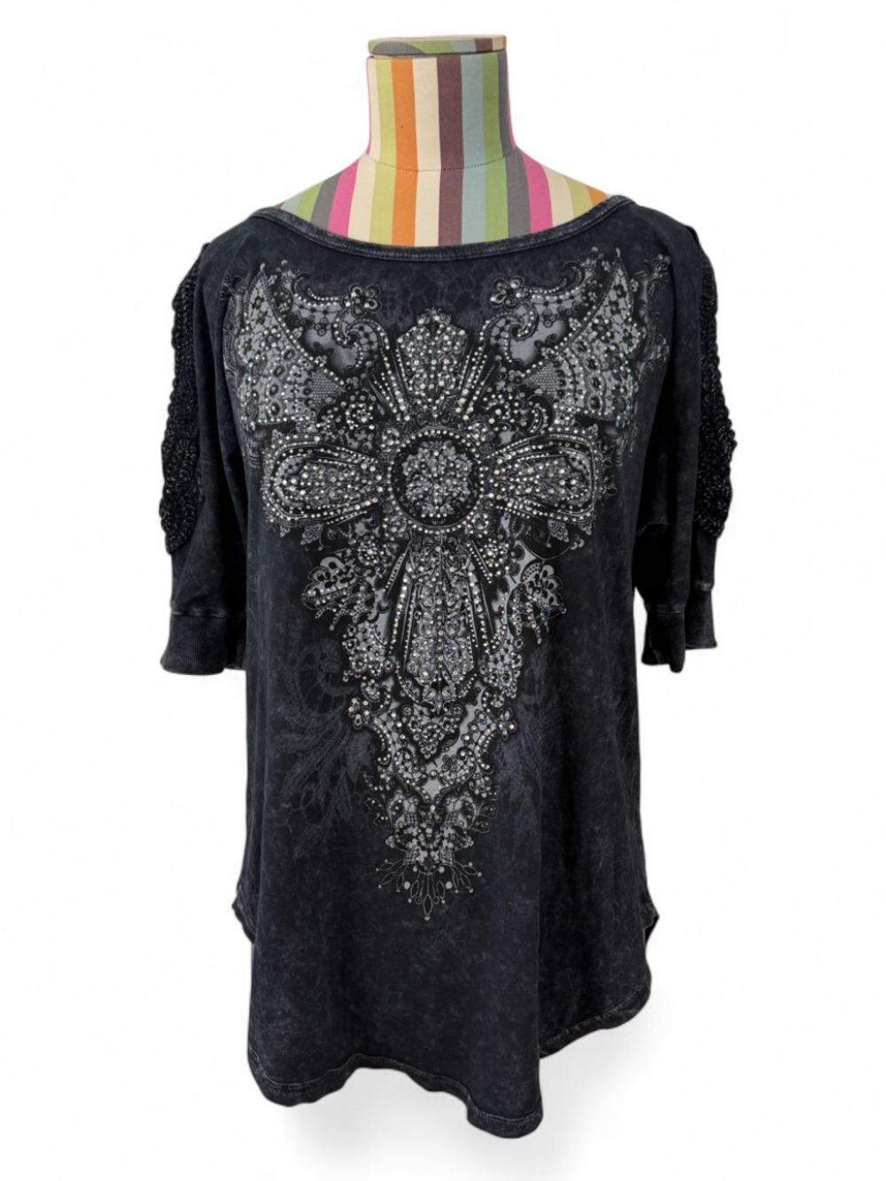 Vocal Made in USA 100% Cotton Cold Shoulder Rhinestone T-shirt Top